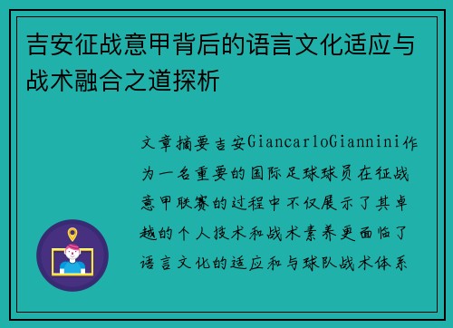 吉安征战意甲背后的语言文化适应与战术融合之道探析